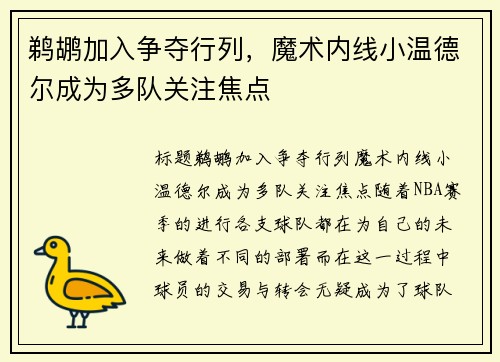 鹈鹕加入争夺行列，魔术内线小温德尔成为多队关注焦点