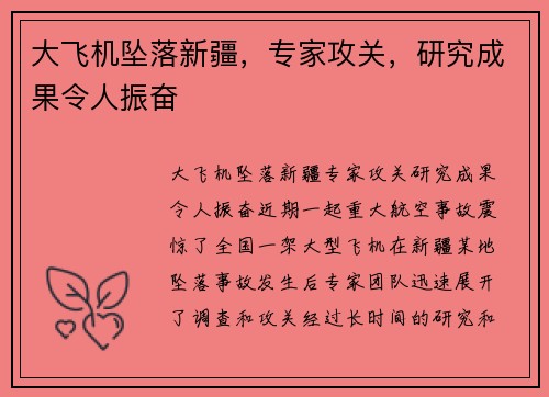 大飞机坠落新疆，专家攻关，研究成果令人振奋