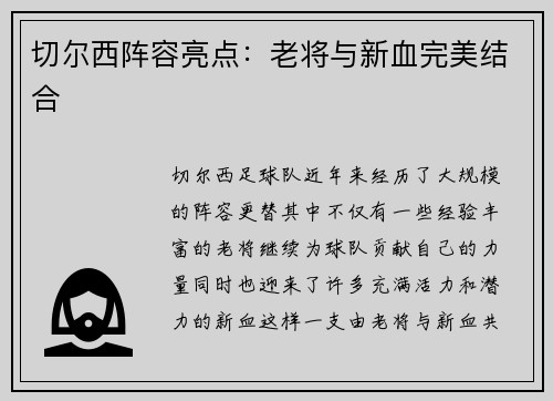 切尔西阵容亮点：老将与新血完美结合