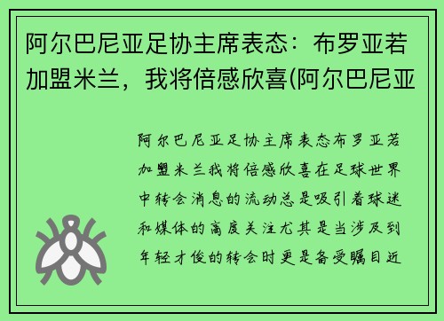 阿尔巴尼亚足协主席表态：布罗亚若加盟米兰，我将倍感欣喜(阿尔巴尼亚男足排名)