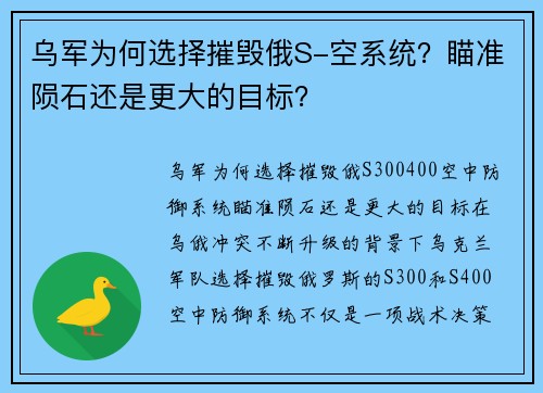 乌军为何选择摧毁俄S-空系统？瞄准陨石还是更大的目标？